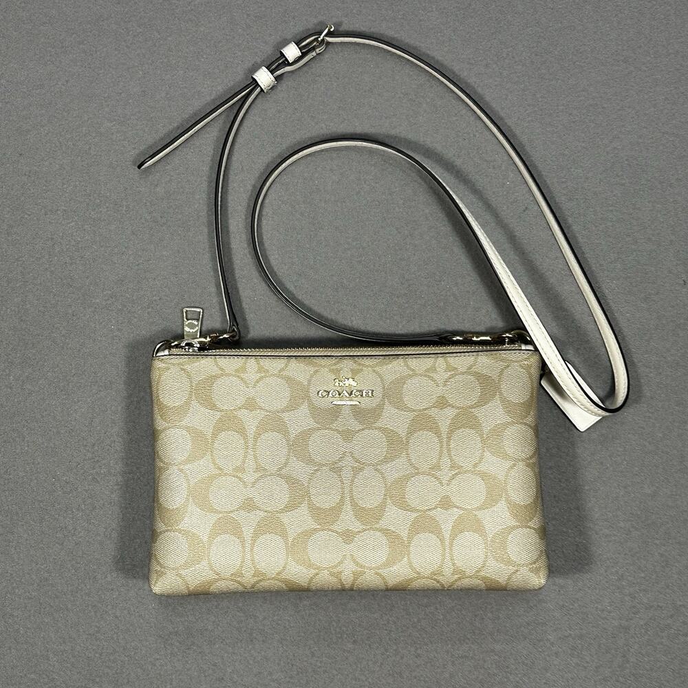 Coach Signature Crossbody Bag Beige White Double Zip F58328